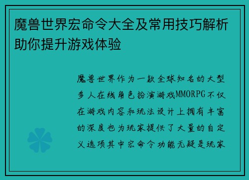 魔兽世界宏命令大全及常用技巧解析助你提升游戏体验 魔兽世界宏命令大全及常用技巧解析助你提升游戏体验
